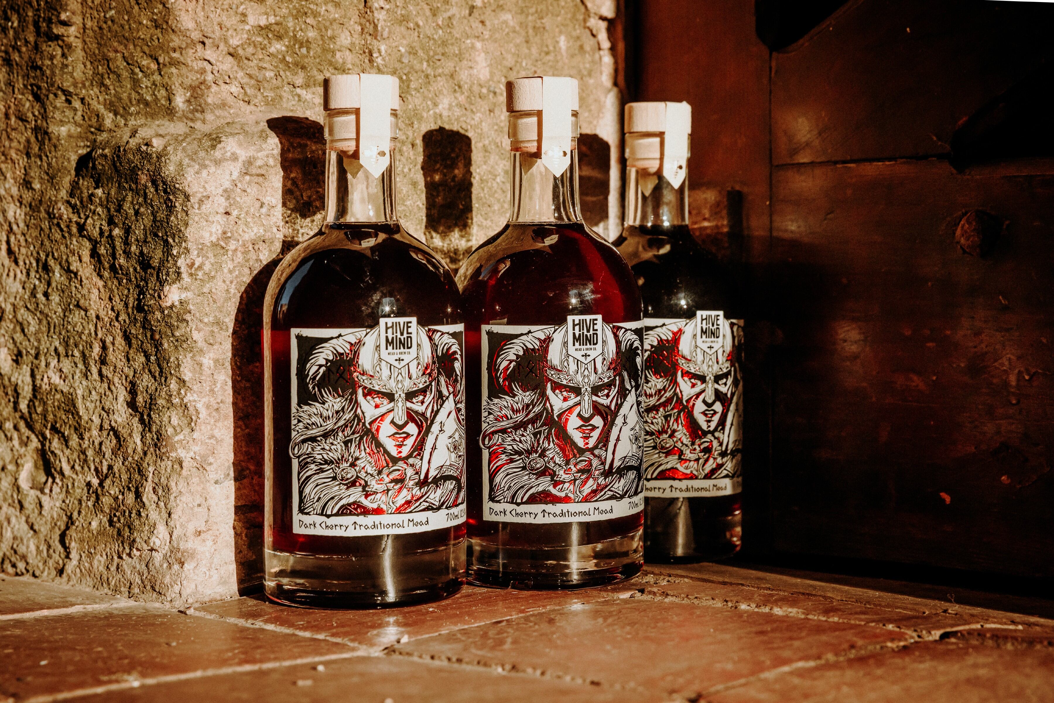 Hive Mind Mead: Bottle of Hive Mind Dark Cherry Traditional Mead.